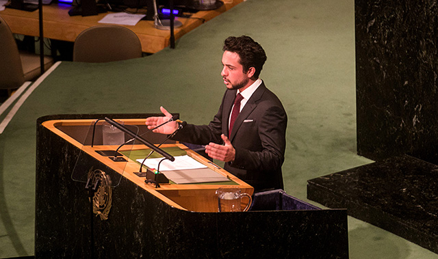 HRH Crown Prince Hussein addresses the UN General Assembly in New York on Thursday (Photo courtesy of Royal Court)